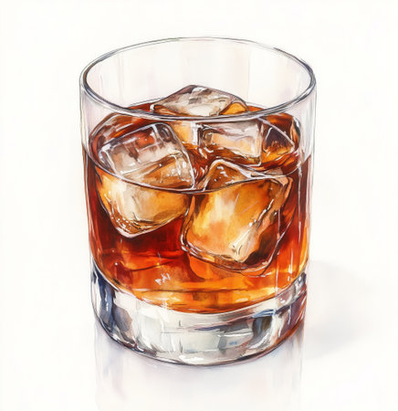 A cocktail filled with amber liquid and ice cubes rests in a clear glass. The drink reflects light, creating a refreshing appearance against a plain background.の素材