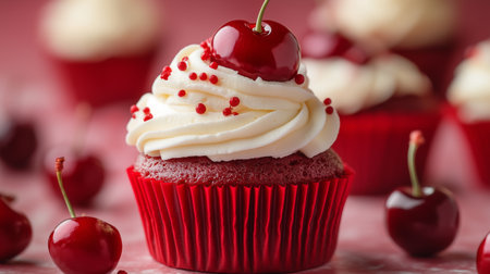 Red velvet cupcakes with white cream frosting sit on a table. Each has a shiny cherry on top, adding a sweet touch. Colorful sprinkles create a festive look for any celebration.の素材