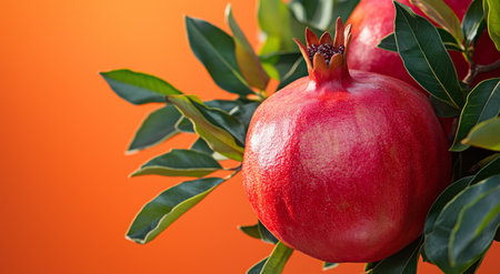 A ripe pomegranate fruit hangs on a green leafy branch against a vibrant orange background. The fruits red skin glistens in bright light, showing its freshness.の素材