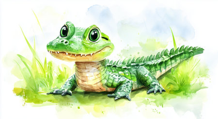 A vibrant cartoon crocodile relaxes in a lush green environment. The crocodile features bright colors, large eyes, and a friendly appearance. Sunlight filters through the foliage.の素材