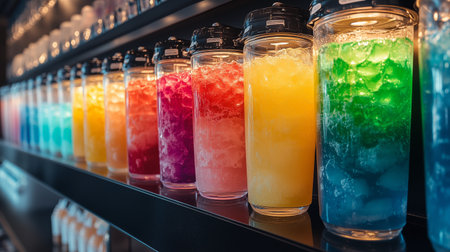 Various bright drinks are arranged in clear cups on a shelf, featuring an array of colors. Straws are placed in each cup, creating a vibrant and inviting scene.の素材