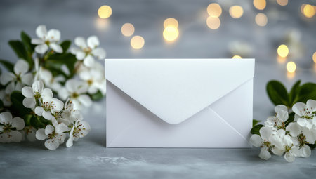 A delicate arrangement of soft pink flowers surrounds an empty white envelope on a textured surface. Twinkling lights add a warm ambiance, creating a serene atmosphere.の素材