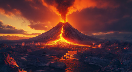 A dramatic scene unfolds as a volcano erupts at sunset, casting a vibrant glow of orange and red across the sky. Lava flows down its slopes, creating a striking contrast with dark clouds.の素材