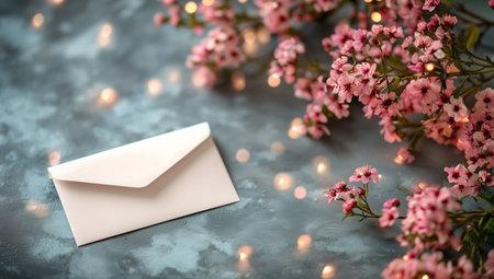 A blank white envelope rests on a marble table, framed by soft pink flowers. Bokeh lights add a warm ambiance to the scene, creating a peaceful atmosphere.の素材