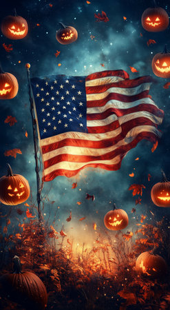 A vibrant scene shows an American flag waving amidst a backdrop of glowing jack-o-lanterns and swirling autumn leaves. The setting evokes a festive yet eerie Halloween spirit.の素材