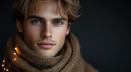 A young man stands against a dark background, wearing a warm scarf adorned with glowing fairy lights, creating a cozy winter atmosphere. His expression is calm and inviting.の素材