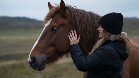 A young woman gently brushes her hand against a brown horses neck in an open field. The weather is cool, and the landscape is serene, creating a peaceful moment.の素材