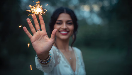 A young woman smiles while holding a sparkler in an open field at sunset. Her joyful expression captures the essence of celebration and freedom in nature.の素材
