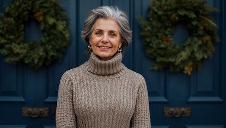 A cheerful senior woman stands confidently in front of a blue door adorned with seasonal wreaths. She wears a comfortable sweater and radiates warmth and joy.の素材