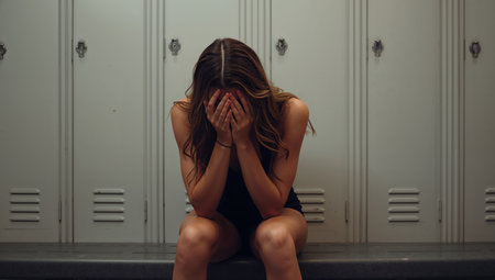 Woman sits alone on a bench in a locker room, covering her face with her hands. She looks distressed and overwhelmed after exercising. The atmosphere is quiet and somber.の素材