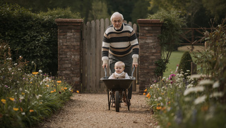 A grandfather is joyfully pushing his grandchild in a wheelbarrow down a gravel path surrounded by colorful flowers. It is a bright afternoon in a peaceful garden.の素材