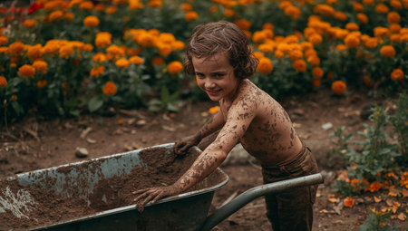A young child covered in mud smiles while pushing a wheelbarrow filled with soil in a vibrant garden full of orange flowers. Pure joy and carefree play are evident.の素材