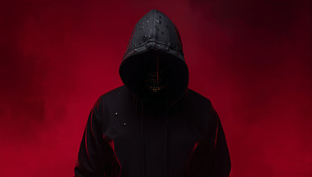 A shadowy figure stands cloaked in a dark hoodie, illuminated by red lights and shrouded in fog. The atmosphere is eerie and intense, creating a sense of suspense.の素材