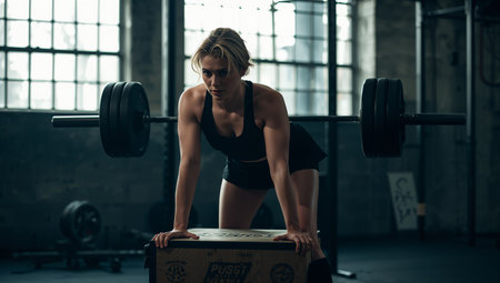 A focused athlete performs a weightlifting exercise in a unique fitness studio. The environment features large windows and equipment, enhancing the workout intensity.の素材