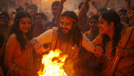 Men dressed in orange gather in a historic setting, waving lit torches during a festival celebration as dusk approaches, creating a vibrant and lively atmosphere.の素材