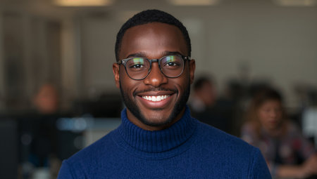 A man with short hair and glasses smiles confidently at the camera. The background shows a bright, busy office filled with colleagues working at their desks.の素材