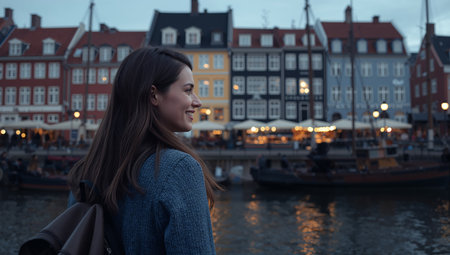 A young woman stands by the water, smiling as she takes in the charming views of colorful buildings and boats. Soft evening light reflects on the water, creating a peaceful atmosphere.の素材