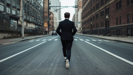 A person dressed in formal attire walks alone down an empty city street during dusk. The quiet environment showcases urban architecture and faded graffiti on the walls.の素材