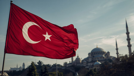 A vibrant Turkish flag flutters in the breeze as the sun sets in Istanbul. A stunning mosque stands tall in the background, showing Turkeys rich culture and history.の素材