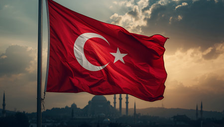 A vibrant Turkish flag flutters in the breeze while a majestic mosque stands in silhouette against a sunset sky. The scene captures the essence of Istanbuls rich culture and heritage.の素材