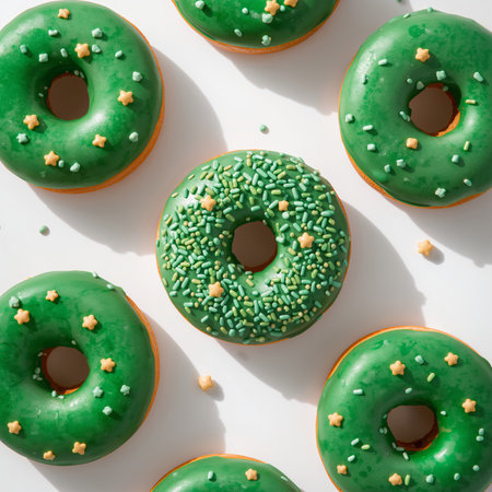 Festive green donuts topped with colorful sprinkles are displayed on a white surface, creating a cheerful atmosphere perfect for celebrations or parties.の素材