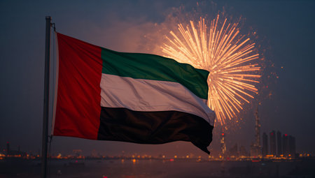 The UAE flag proudly waves as vibrant fireworks light up the night sky over Dubais modern skyline, marking a festive occasion. The scene captures the spirit of celebration.の素材