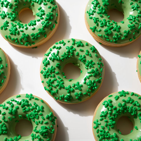 A collection of round donuts decorated with green icing and colorful sprinkles sits neatly on a white surface, perfect for a party or festive occasion.の素材