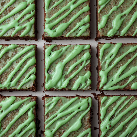 Delicious brownie squares are placed neatly in a grid. Each piece is topped with a vibrant green icing that creates a striking pattern. Perfect for a dessert table or gathering.の素材