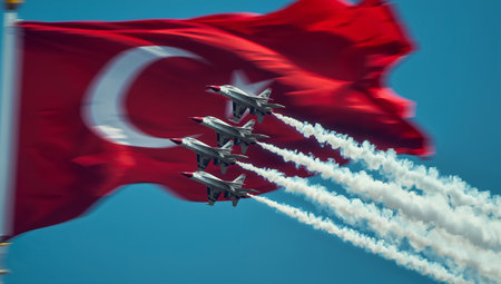 Three military jets streak through the sky, leaving trails of smoke while flying in formation near a large Turkish flag. The scene captures the spirit of national pride and celebration.の素材