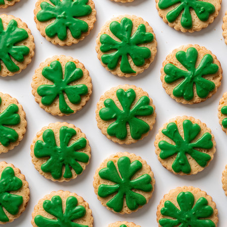 Decorated cookies are arranged neatly with green shamrock icing. These treats are perfect for St. Patricks Day or any festive occasion, showcasing creativity and fun.の素材