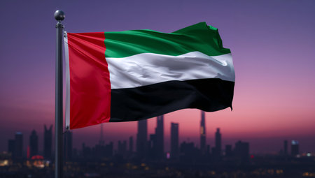 A vibrant UAE flag is flying high against a backdrop of a stunning city skyline during dusk. The colors of the flag contrast beautifully with the twilight sky.の素材