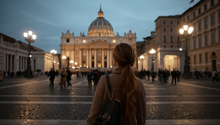 A woman stands in front of St Peters Basilica as evening approaches. The iconic dome is illuminated, and visitors are gathered in the plaza enjoying the serene atmosphere.の素材