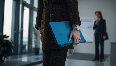 A business professional holds blue folders while attending a presentation in a bright, modern office. Another person is speaking in the background, discussing strategies.の素材