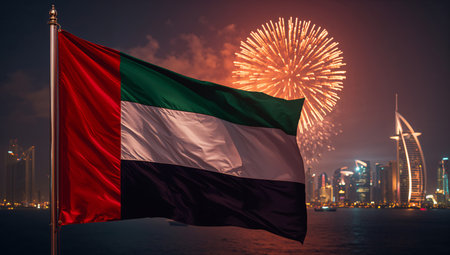 The UAE flag proudly waves as vibrant fireworks light up the night sky over Dubais modern skyline, marking a festive occasion. The scene captures the spirit of celebration.の素材