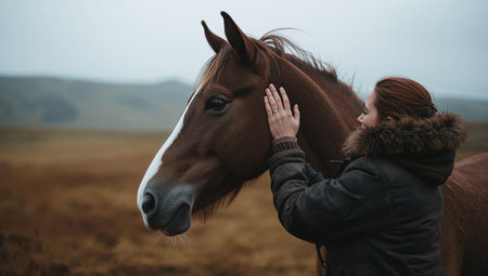 A woman stands in a peaceful field, softly stroking a brown horses head.の素材