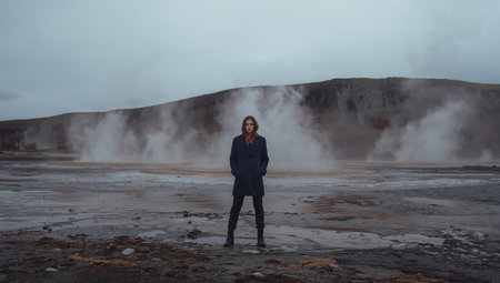 A person stands confidently in a geothermal area with steam billowing from hot springs and rugged hills in the background. The sky is grey, creating a dramatic atmosphere.の素材