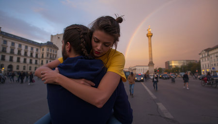 A couple shares a close moment in the city, with one partner in yellow resting against the others shoulder. A rainbow stretches across the sunset sky after a light rain.の素材
