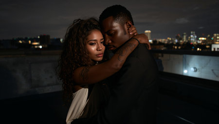 A couple shares a warm embrace on a rooftop at night, illuminated by city lights. The scene captures their connection against a stunning urban backdrop.の素材