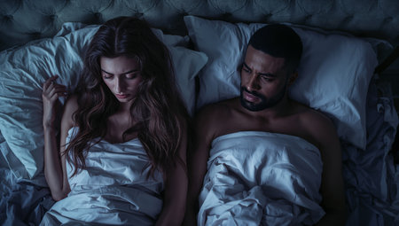 A couple lies in bed, both looking away from each other. The woman appears deep in thought, while the man shows concern. The atmosphere feels heavy and unresolved.の素材