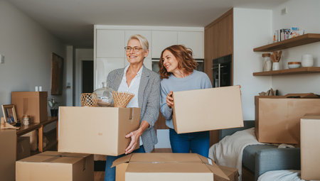 Two women are unpacking boxes in a bright living space. They are smiling while organizing household items. The room is filled with cardboard boxes and a cozy atmosphere.の素材