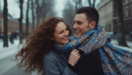 A young couple shares a joyful moment in a snowy city park. The woman has curly hair and is smiling, while the man playfully hugs her, both wrapped in warm scarves.の素材