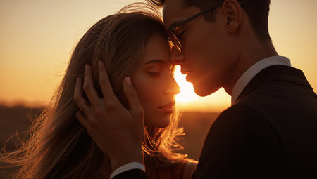 A couple stands close together, holding each other gently as the sun sets behind them. Their intimate gaze reflects warmth and connection in the beautiful evening light.の素材
