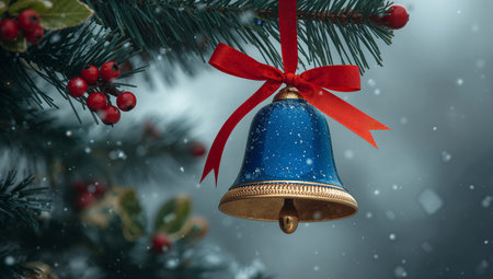 A blue and gold bell ornament is beautifully placed on a pine tree branch adorned with red berries, as snowflakes fall gently, creating a cozy winter scene.の素材