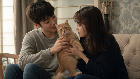A young couple sits together in a cozy living room, smiling and petting their orange cat. The warm atmosphere and soft furniture create a comfortable home setting.の素材