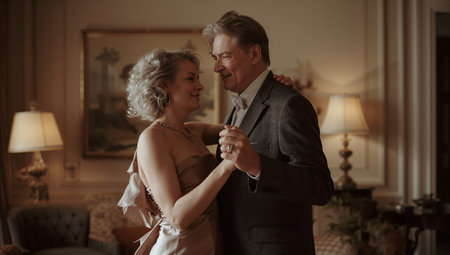 A couple shares a romantic moment, dancing closely in a beautifully decorated room with soft lighting and elegant furnishings. The atmosphere is warm and inviting.の素材