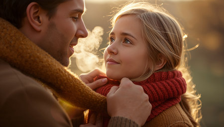 A father and daughter stand close together as they enjoy a sunset outdoors. The father adjusts his daughters scarf while they share a warm, loving gaze in a peaceful setting.の素材