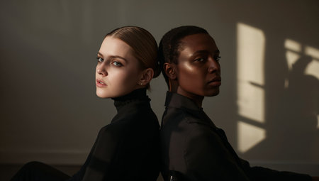 Two women with elegant hairstyles and black clothing sit back to back. They showcase a striking composition with soft shadows enhancing their features in a calm, studio setting.の素材