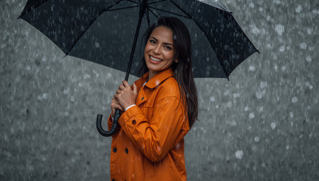 A woman stands in the rain, wearing an orange raincoat. She smiles brightly while holding a black umbrella. Raindrops fall around her, creating a cheerful atmosphere despite the weather.の素材