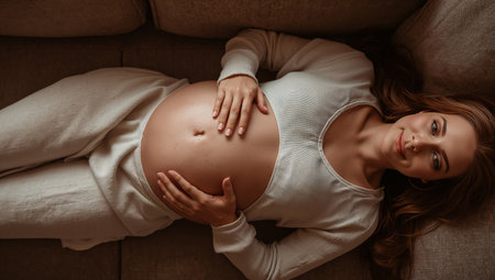 A pregnant woman sits comfortably on a couch, gently holding her rounded belly. She wears a light-colored outfit and has a relaxed expression, enjoying the moment at home.の素材