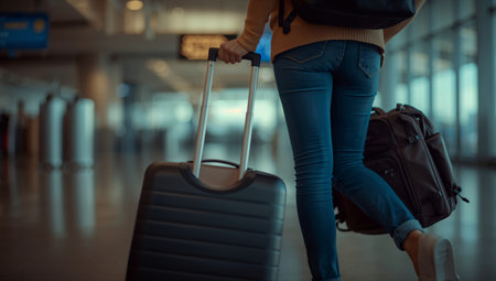 Person walks through an airport terminal carrying a suitcase and a backpack, ready for a journey. The setting is bright and bustling with travelers and check-in counters.の素材